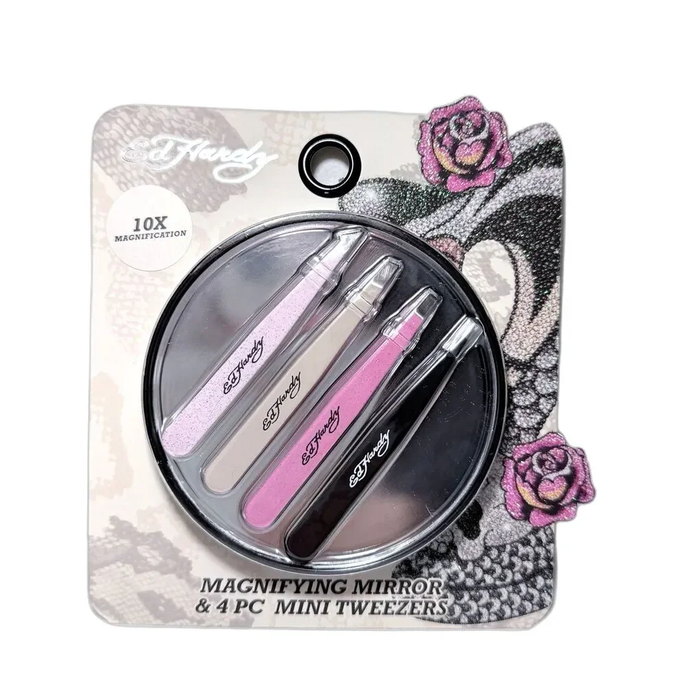 Ed Hardy 10X Magnifying Mirror & 4 Pc Mini Tweezers Set Brand New
